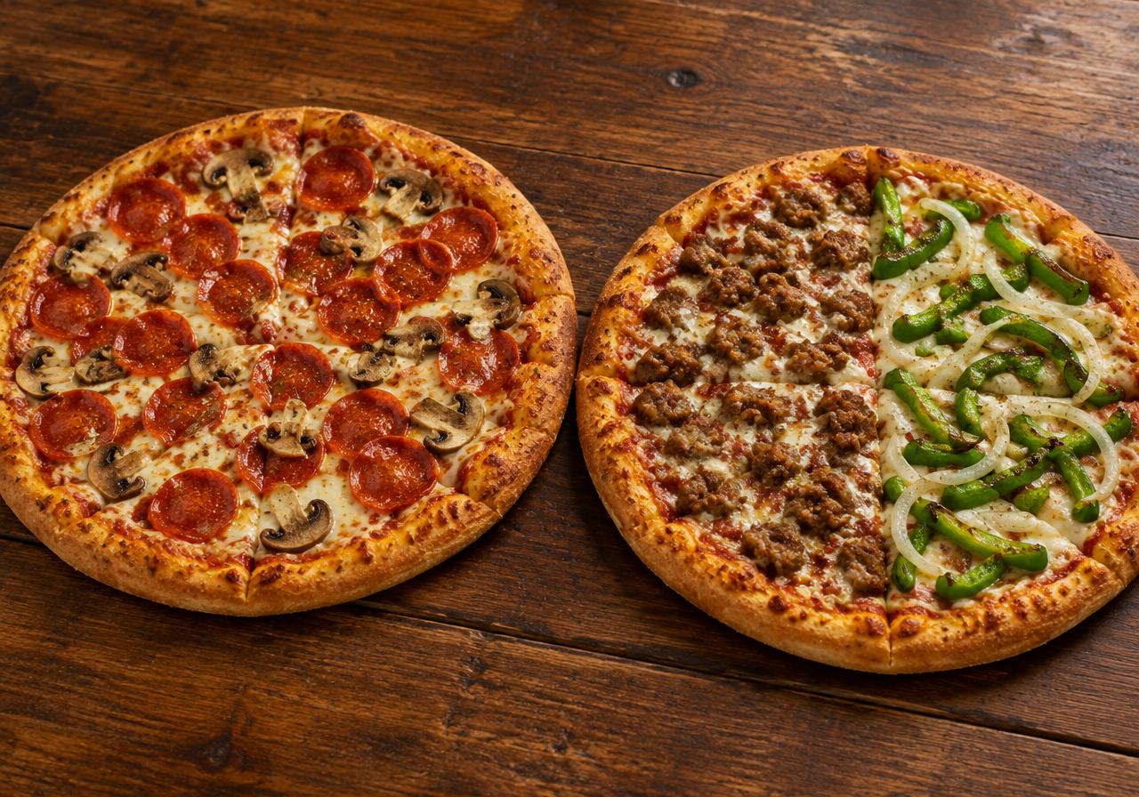 2 Medium 12" 2-Topping Pizzas — whole, left half or right half