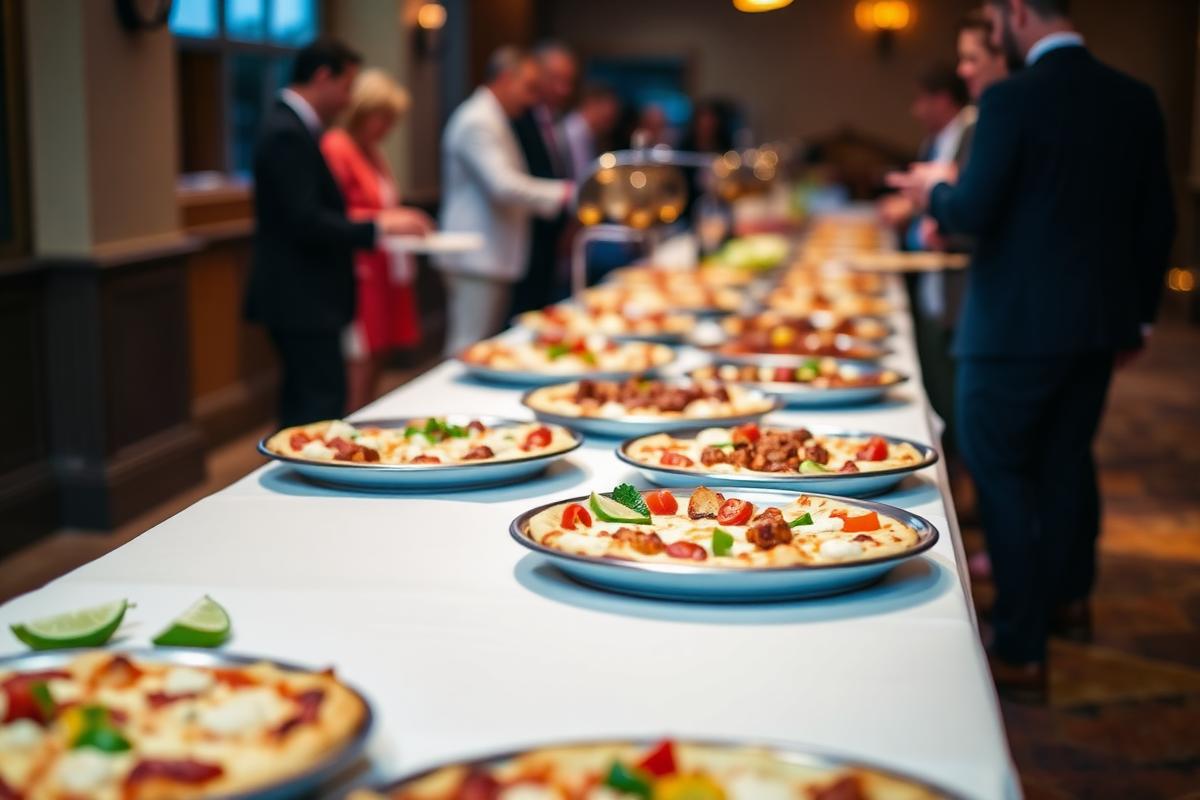 Catering table with pizzas, wings and salads for an event