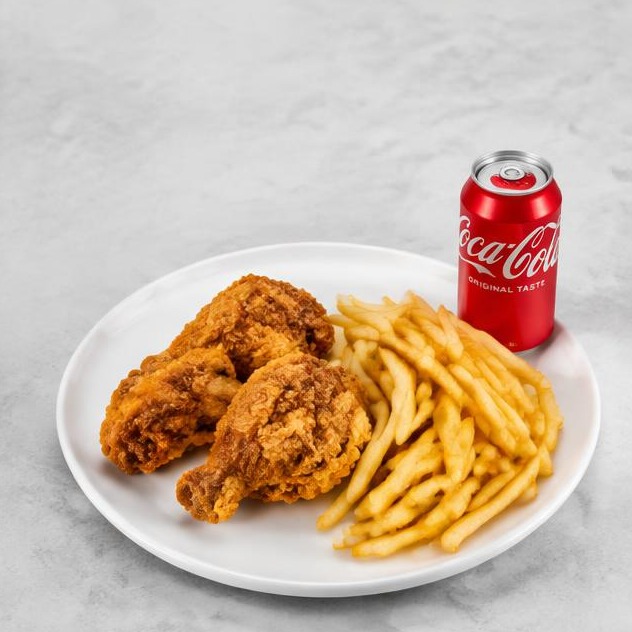 2 pieces fried chicken, fries and a can soda
