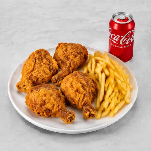 4 pieces fried chicken, fries and a can soda