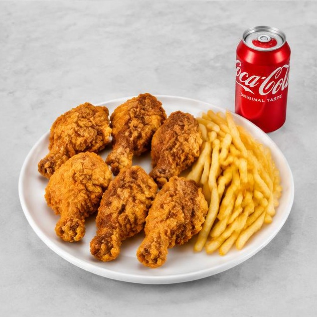 6 pieces fried chicken, fries and a can soda
