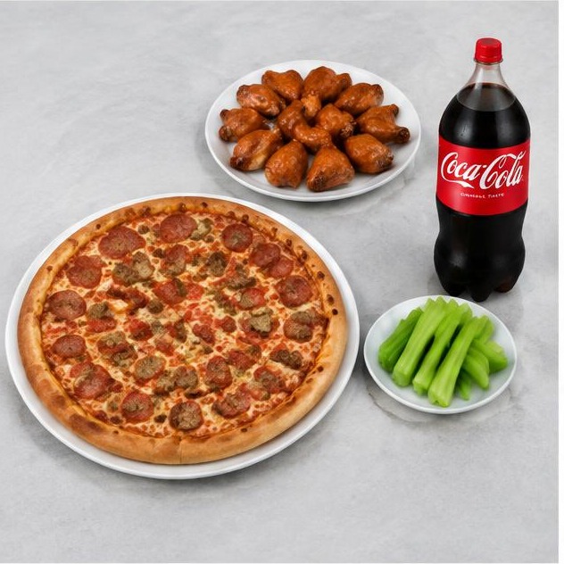 1 Large 2-Topping Pizza, 8 Wings, 2L Soda