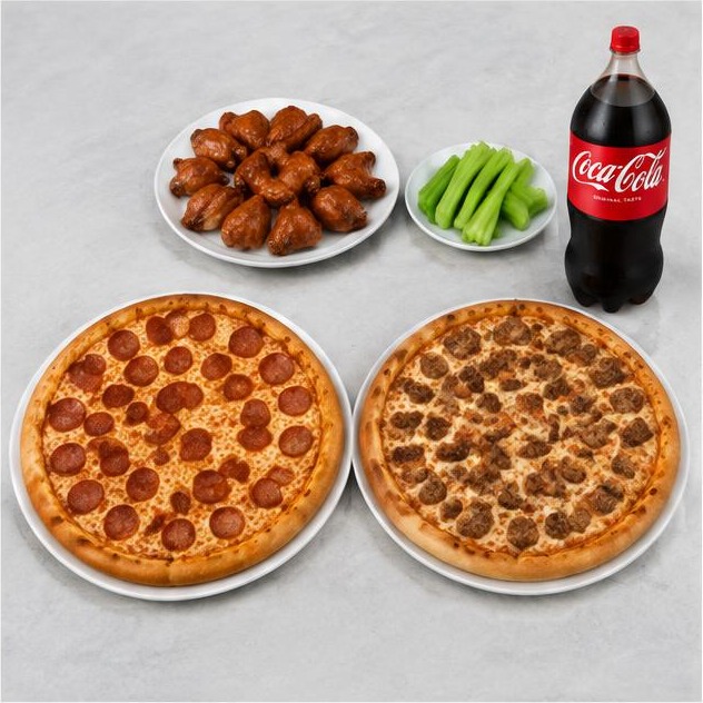 2 Large 2-Topping Pizzas, 8 Wings, 2L Soda