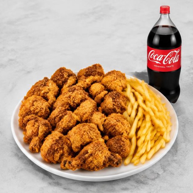 15 pieces fried chicken, fries and one 2-liter soda