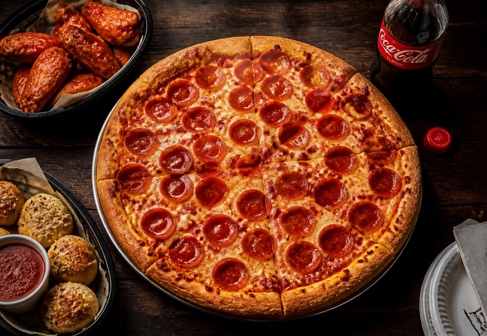 Pepperoni pizza, buffalo wings and garlic knots from Bridgeport's Pizza