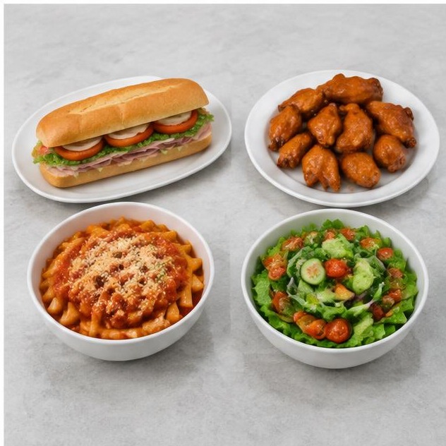 Pick any 2: small sandwich, 6 wings, small pasta or small salad