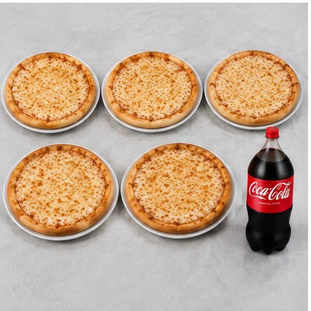 5 Large Cheese Pizzas + 2L Soda